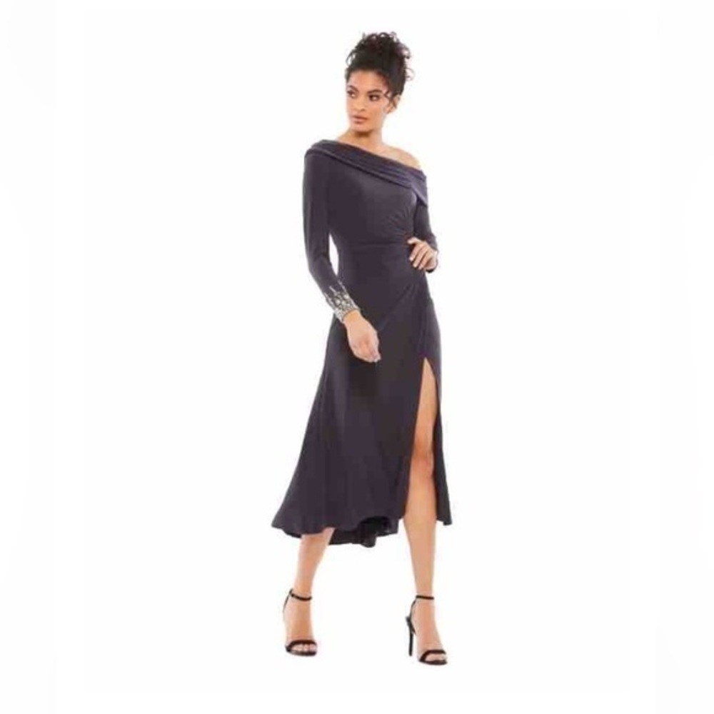 MAC DUGGAL Dress IEENA Womens Black MIDI Fit Flare 14 jeweled cuffs off-shoulder